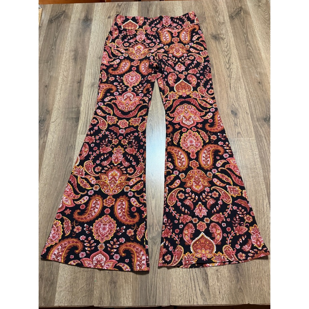 No Boundaries Pants Womens Size L Multicolor Paisley Flare Leg Stretch Knit Boho